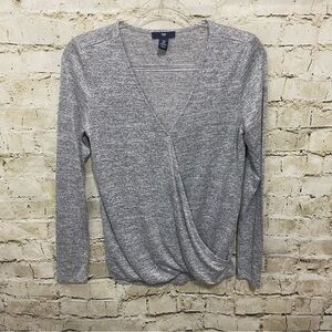 Gap Heather Gray Faux Wrap Long Sleeve Soft Knit Top